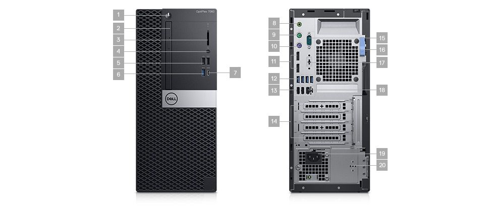 Optiplex 7060台式机 - 端口和插槽 – 塔式机