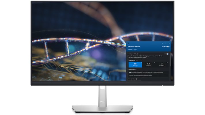 戴尔显示器的图片，采用彩色背景并且工具栏上打开了 Dell Optimizer 戴尔智能调优软件工具。