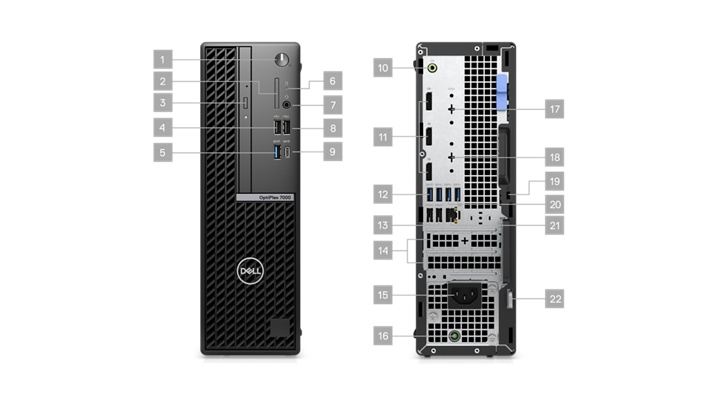 两台戴尔 OptiPlex 7000 小型机的图片，编号 1 到 22 表示产品端口和插槽。