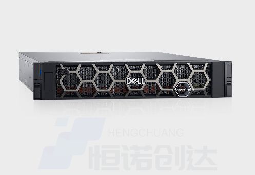 Dell PowerStore 第二代存储设备产品渲染图，基于 Dell PowerEdge 平台机箱，采用蜂窝状前面板设计，白色背景带倒影