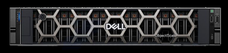 Dell ObjectScale 一体机前面板渲染图，黑色蜂窝状格栅、DELL 标识与 ObjectScale 字样