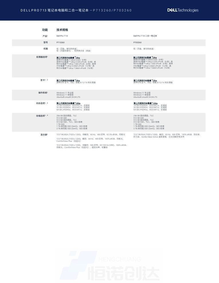 戴尔 Dell Pro 7 13 二合一笔记本 (P703260) 技术规格