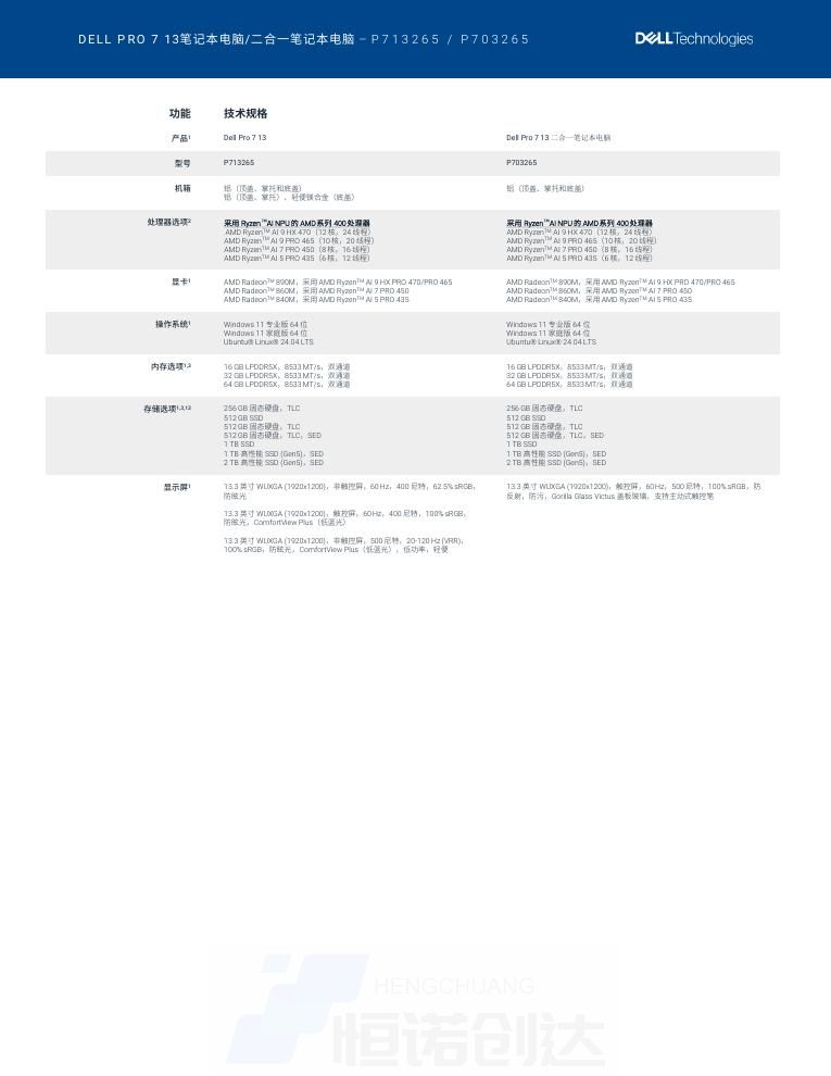 戴尔 Dell Pro 7 13 二合一笔记本 AMD 版 (P703265)(pic2) 戴尔 Dell Pro 7 13 二合一笔记本 AMD 版 (P703265) 技术规格
